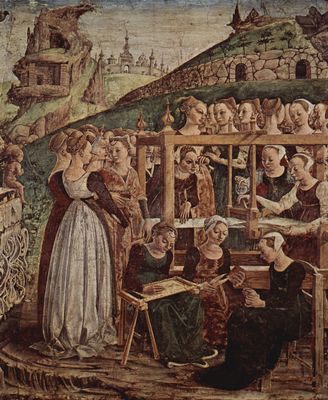 Francesco del Cossa: Fresken mit den Monatsdarstellungen Mrz, April, Mai im Palazzo Schifanoia, Szene: Mrz[02]-Triumphzug der Minerva, Detail